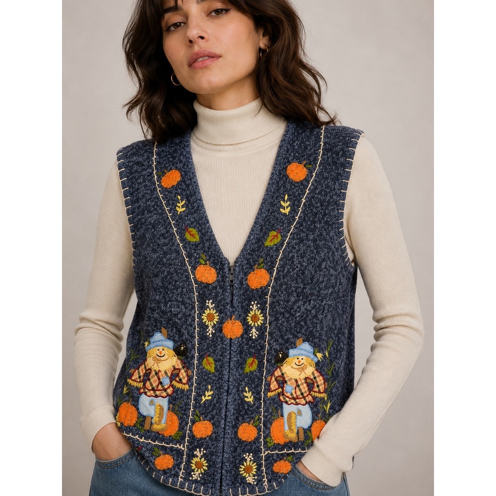 90s White Stag Scarecrow Sweater Vest XL Cottagecore Fall Folk Art Halloween